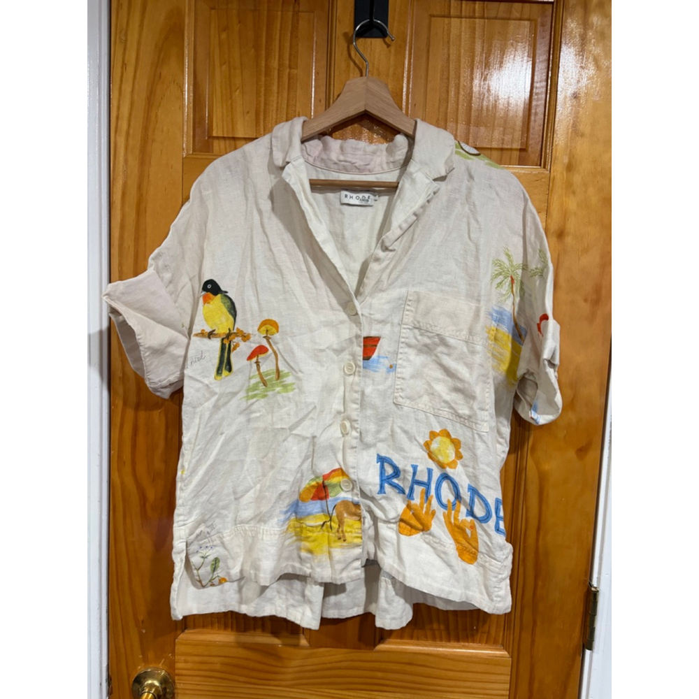 Rhode Ganima Coastal Top Munthe Linen Short Sleeve Novelty Shirt Size Small